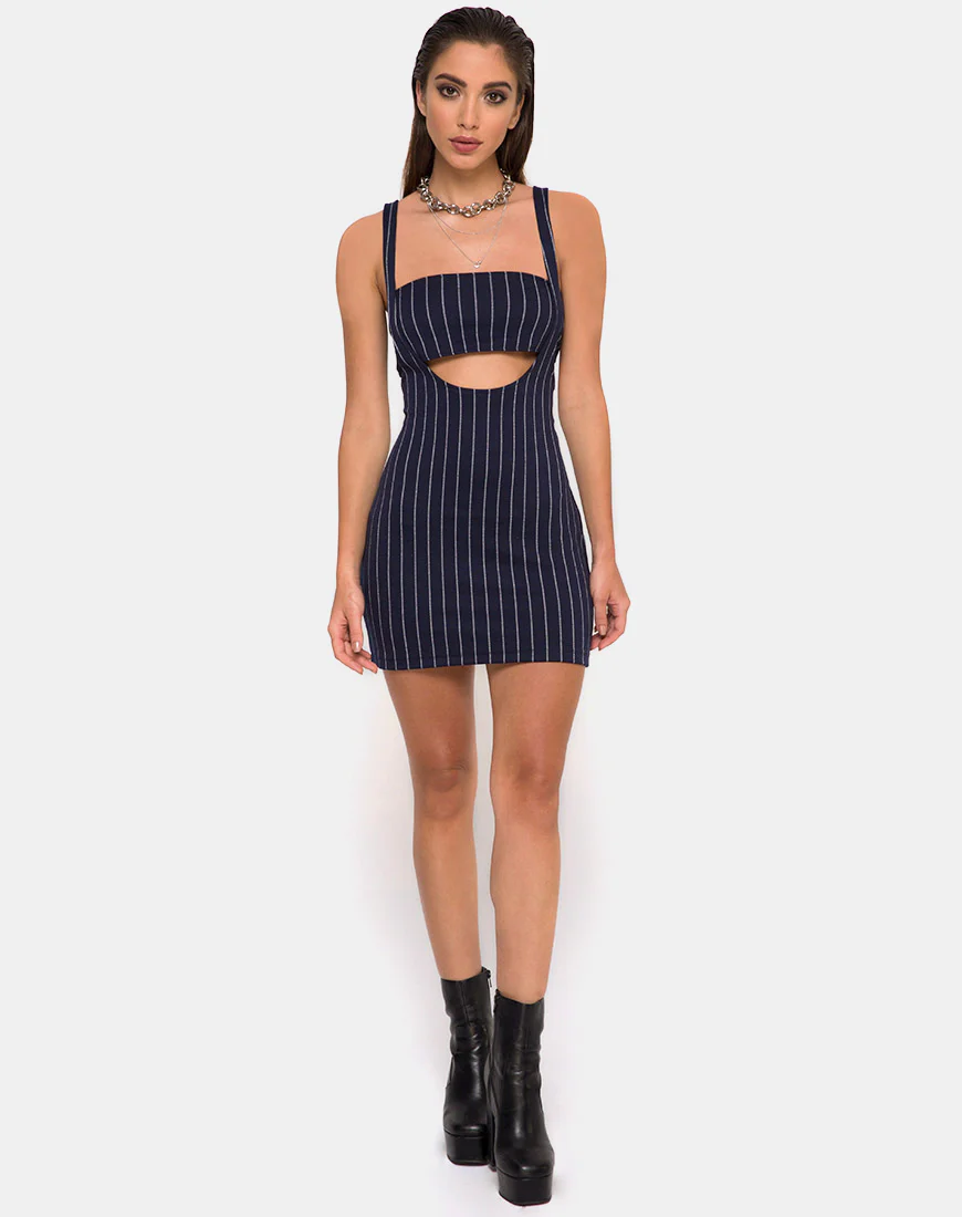 Petra Mini Dress in Navy Pinstripe - Image 3