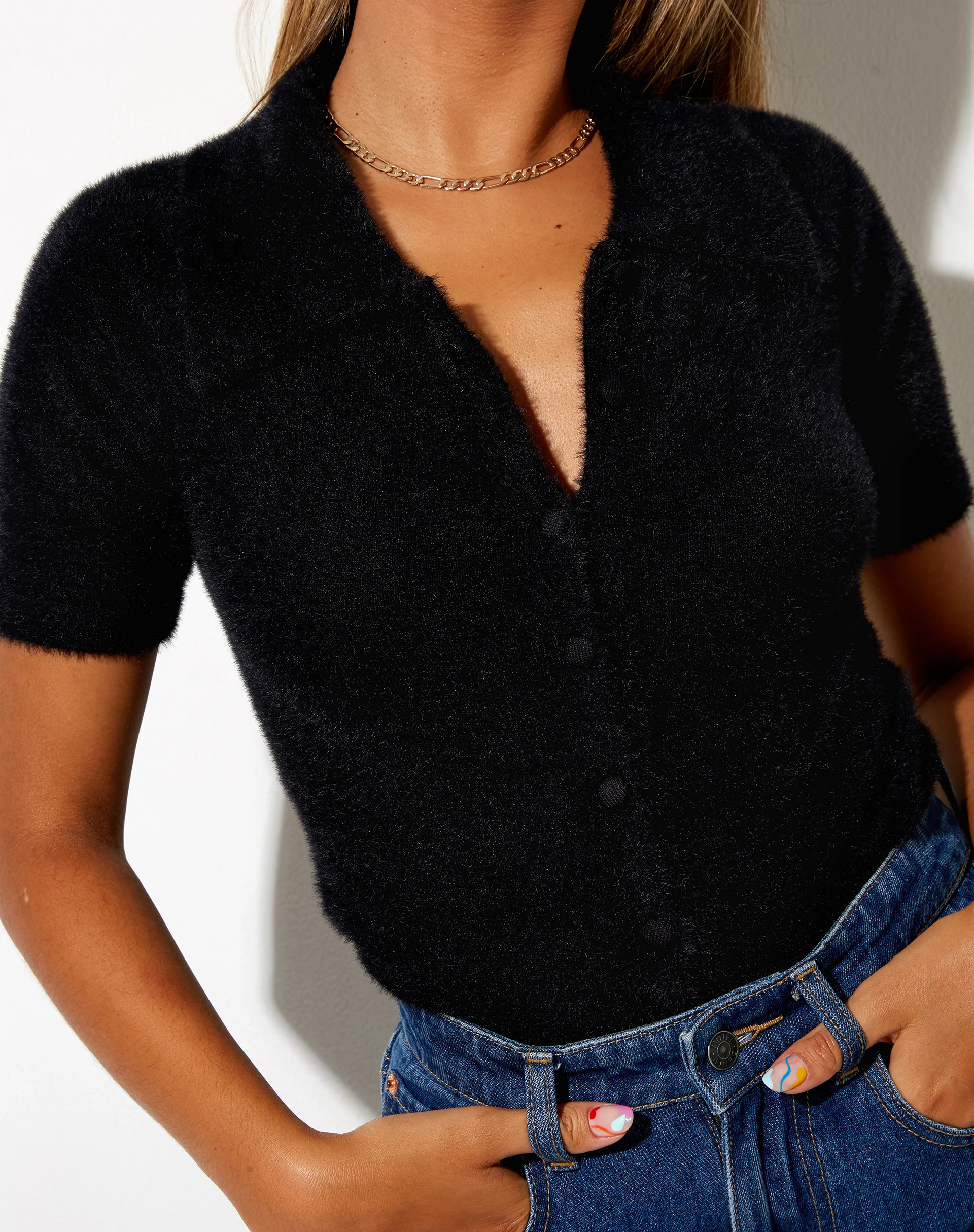 Pevita Crop Top in Fluffy Knit Black - Image 6