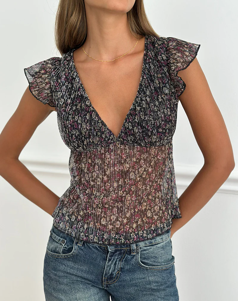 Pharita V Neck Top in Ditsy Floral Plisse Charcoal - Image 6