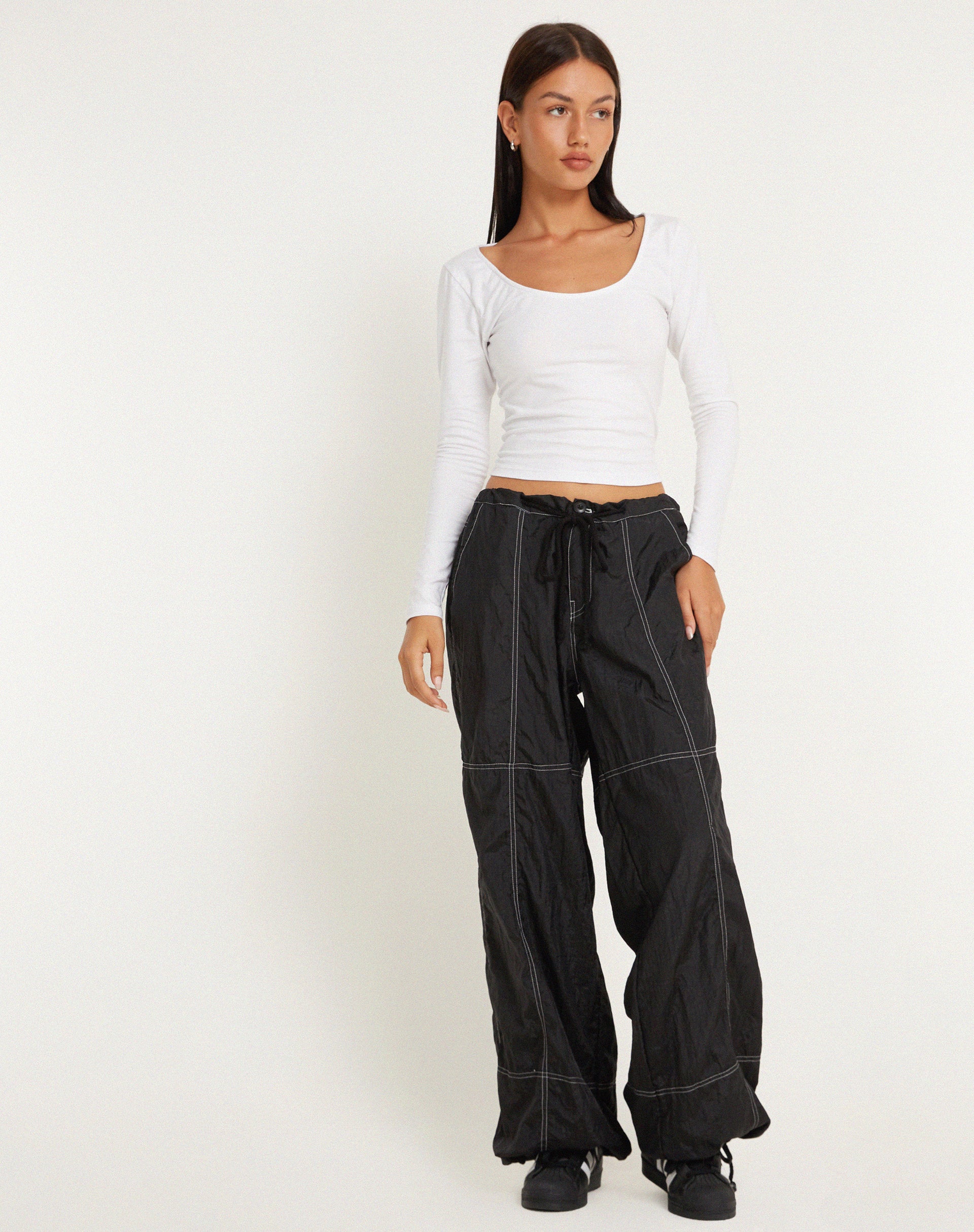 Phil Low Waist Trouser in Black with White Top Stitch - Image 3