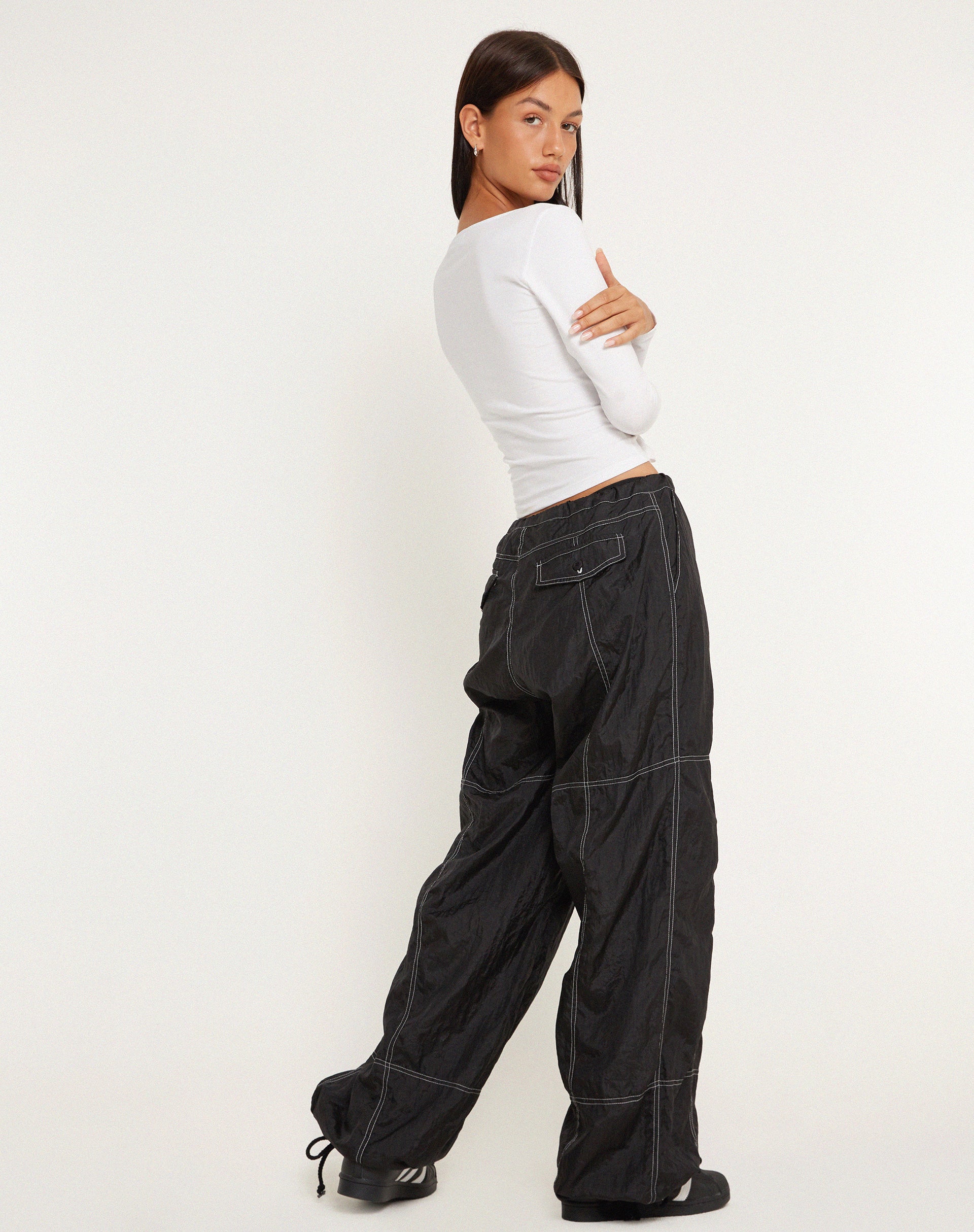 Phil Low Waist Trouser in Black with White Top Stitch - Image 5