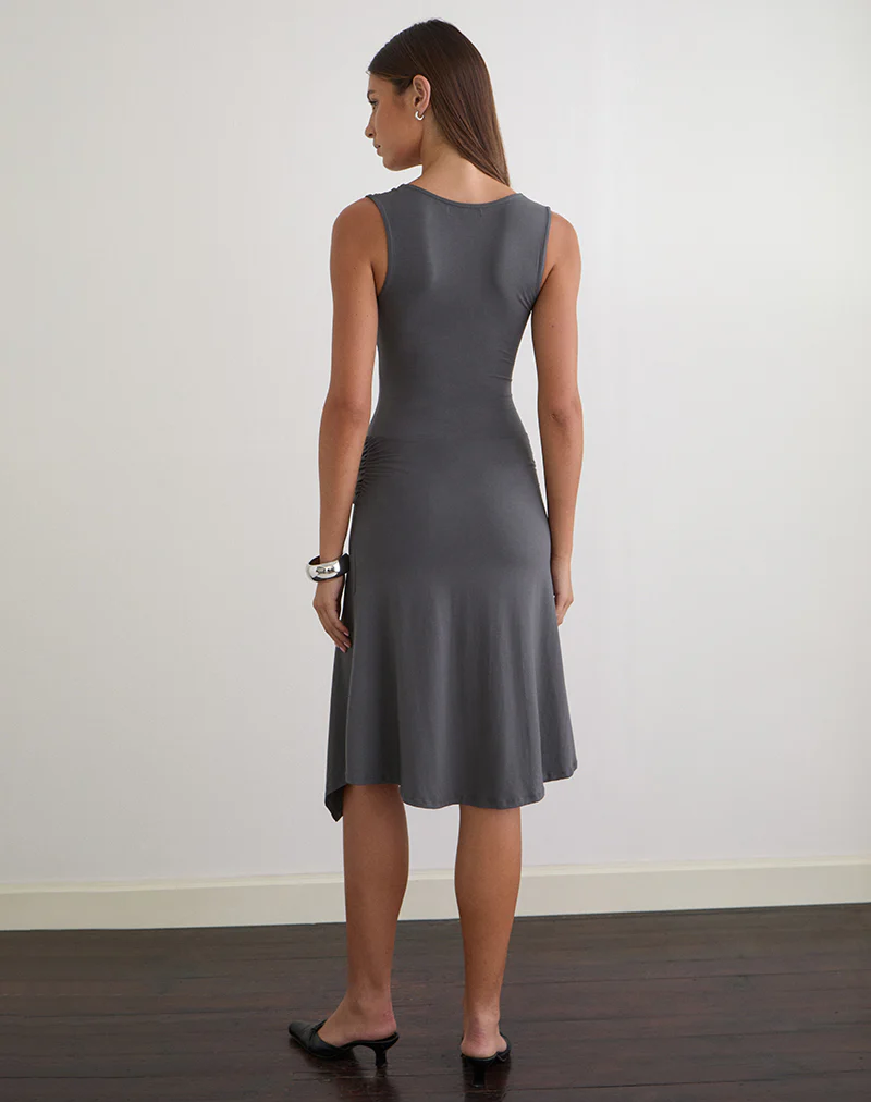 Philipa Asymmetric Midi Dress in Jersey Charcoal Grey - Image 3
