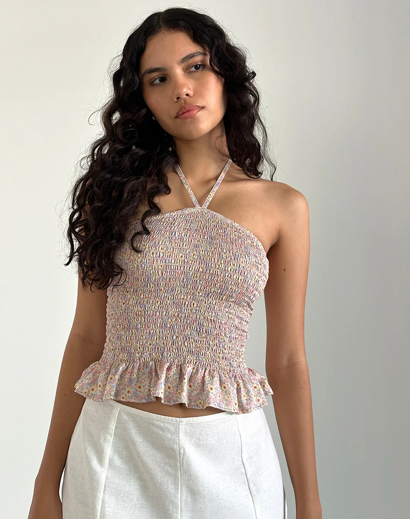 Phobe Shirred Halterneck Top in 70s Prairie Girl Floral - Image 4