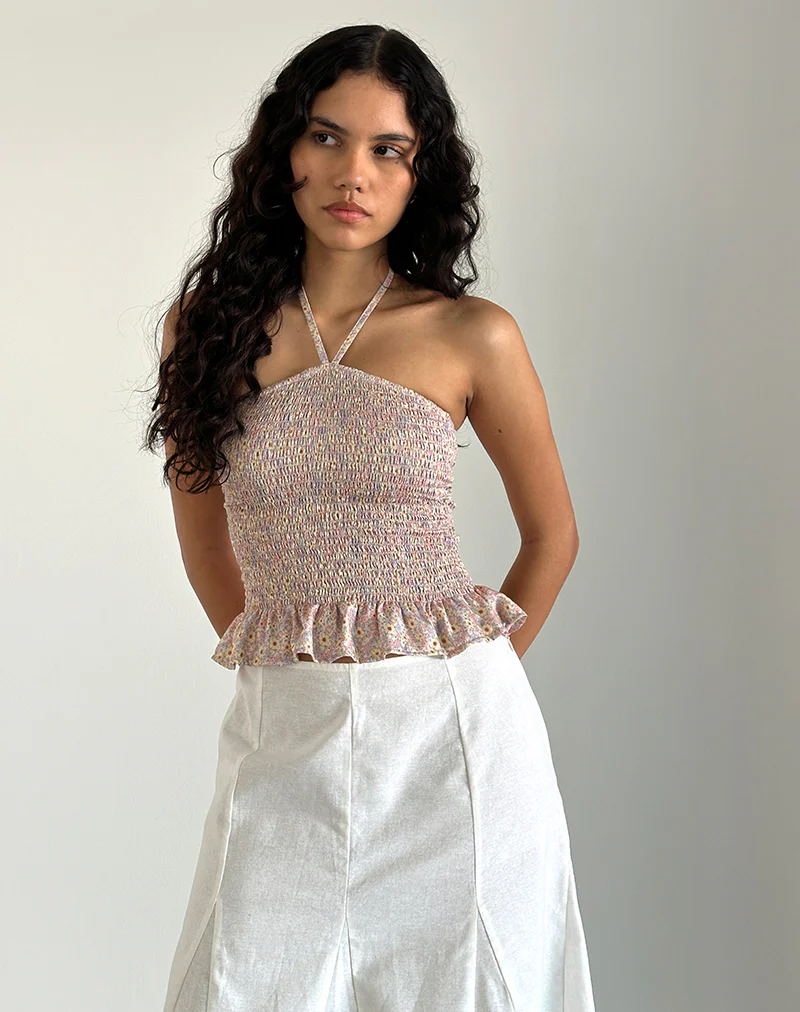 Phobe Shirred Halterneck Top in 70s Prairie Girl Floral - Image 5