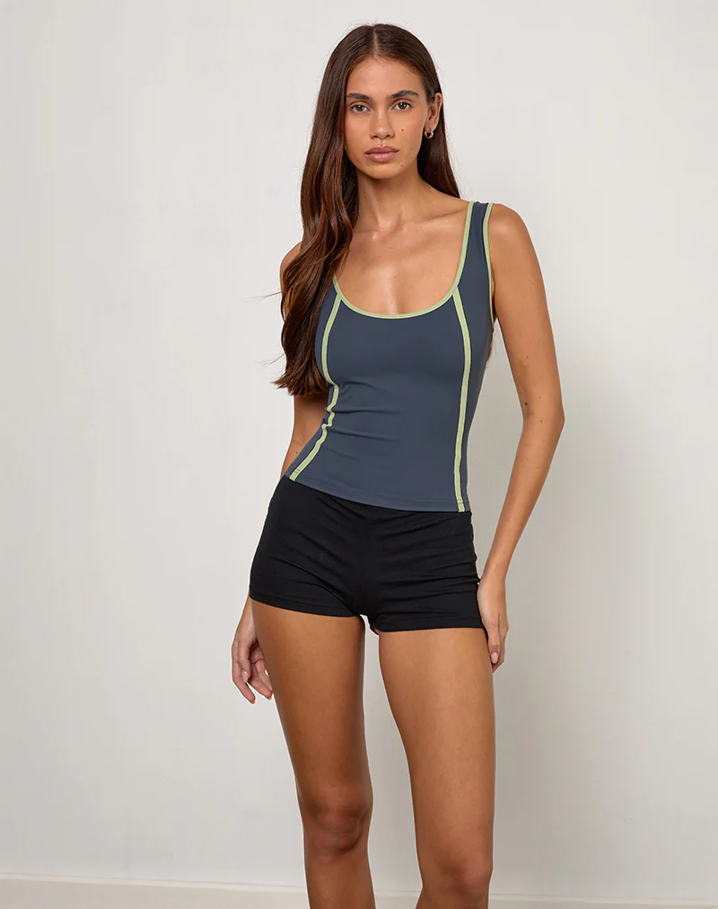 Pilon Vest top in Navy with Sage Binding - Image 2