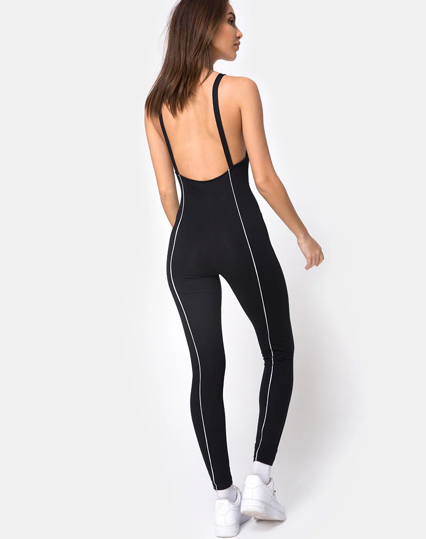 Pion Plunge Catsuit in Black with Piping Line - Image 2