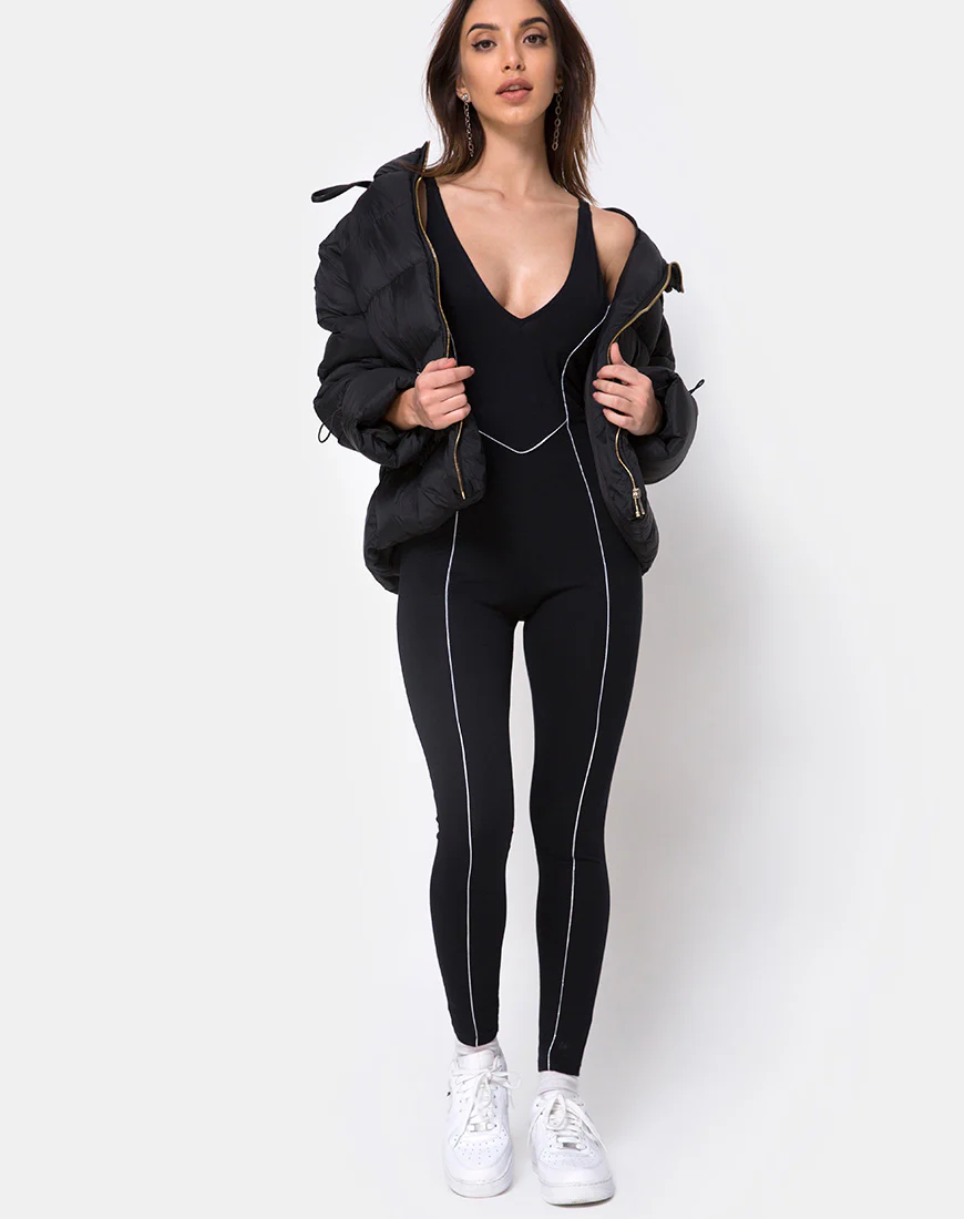 Pion Plunge Catsuit in Black with Piping Line - Image 3