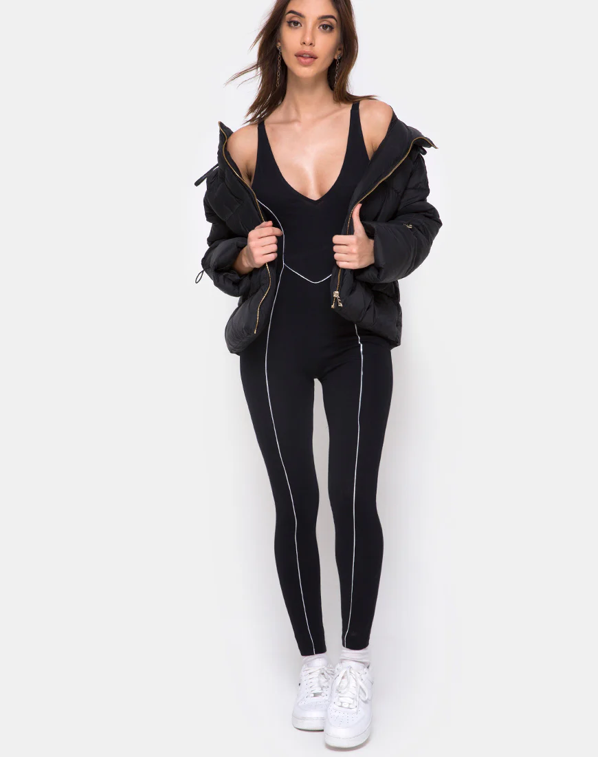 Pion Plunge Catsuit in Black with Piping Line - Image 4