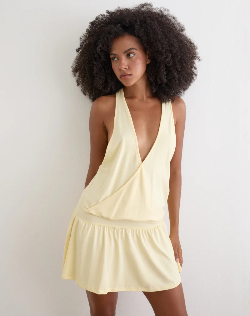 Pippa Plunge Wrap Mini Dress in Lemon - Image 2