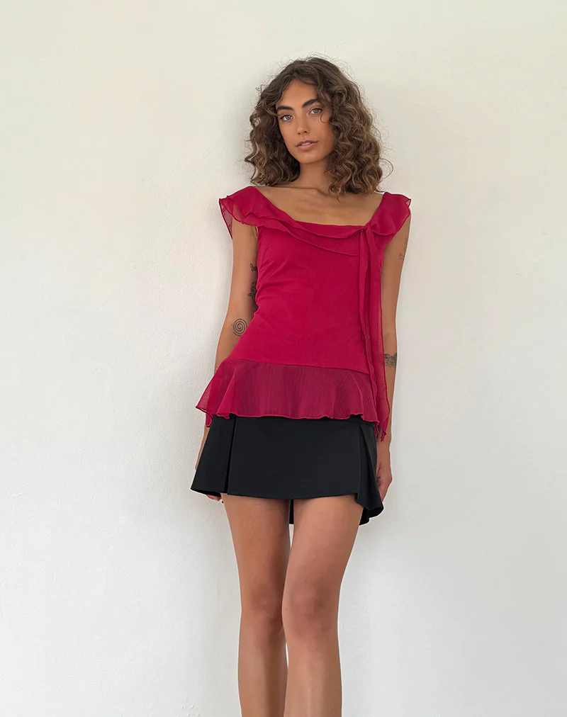Piro Ruffle Longline Top in Burgundy - Image 2