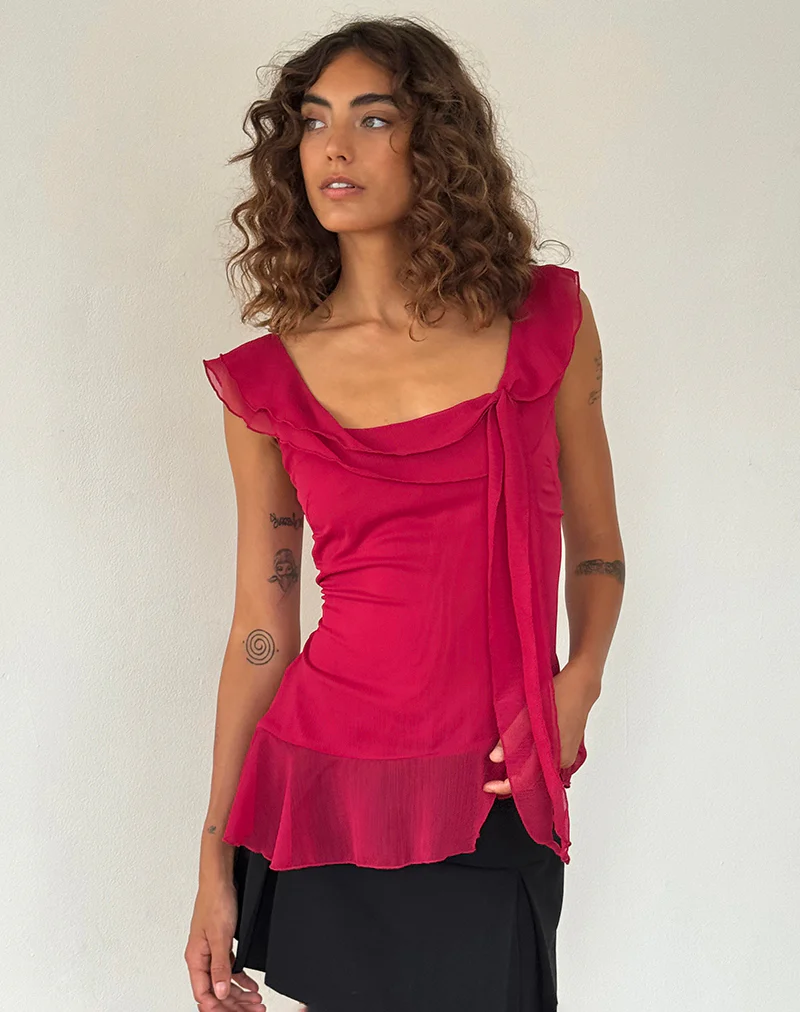 Piro Ruffle Longline Top in Burgundy - Image 4