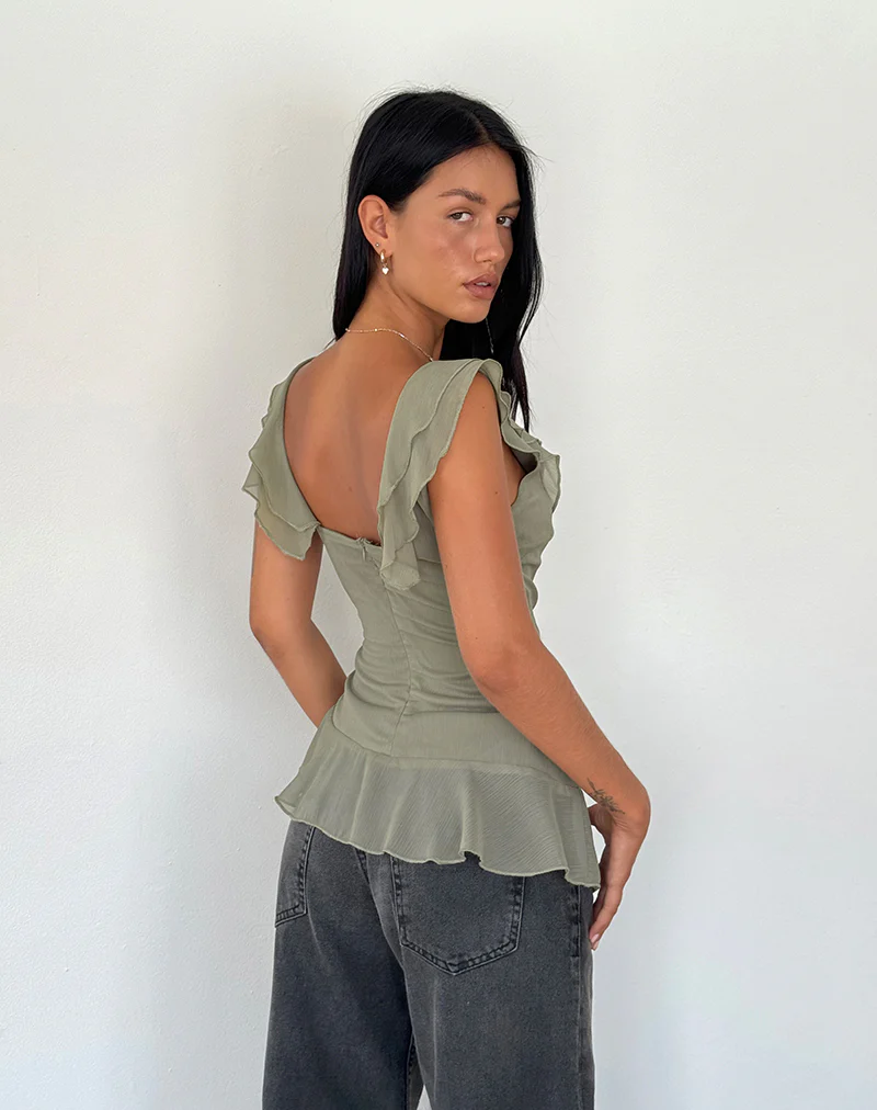 Piro Ruffle Longline Top in Chiffon Olive - Image 3