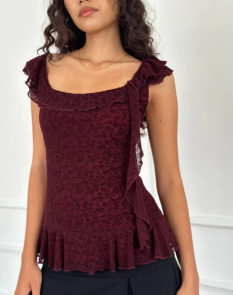 Piroli Top in Ditsy Floral Flock Burnt Maroon - Image 2