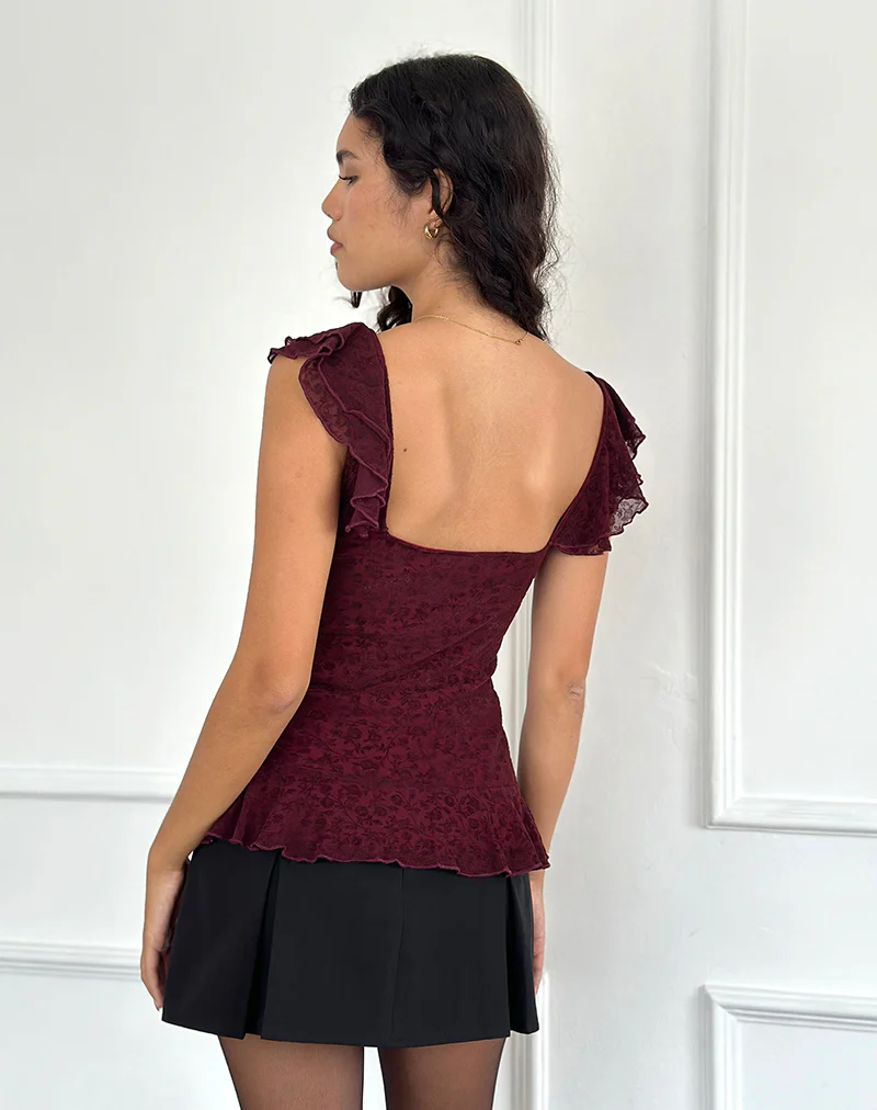 Piroli Top in Ditsy Floral Flock Burnt Maroon - Image 3