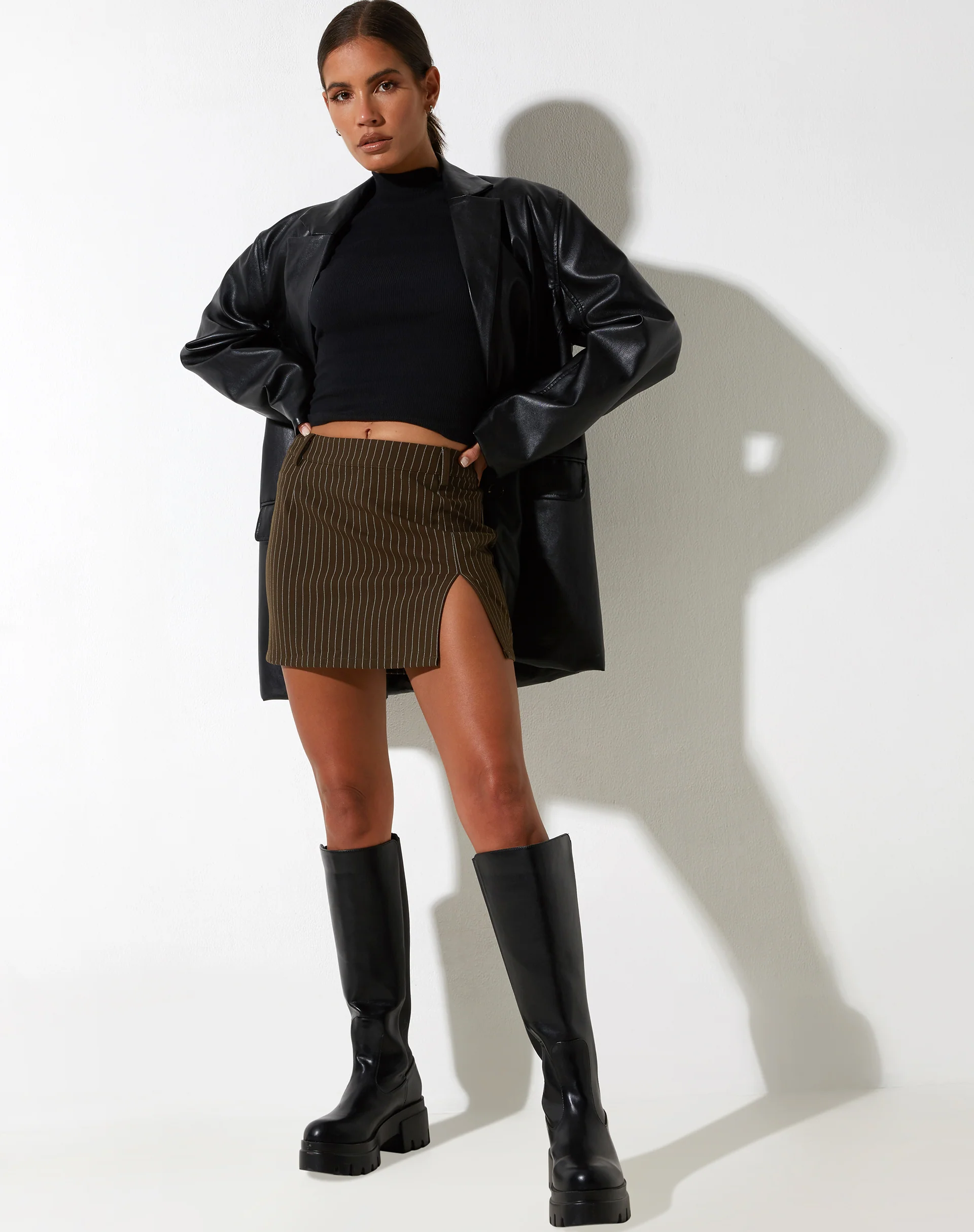 Pita Mini Skirt in Pinstripe Brown - Image 2