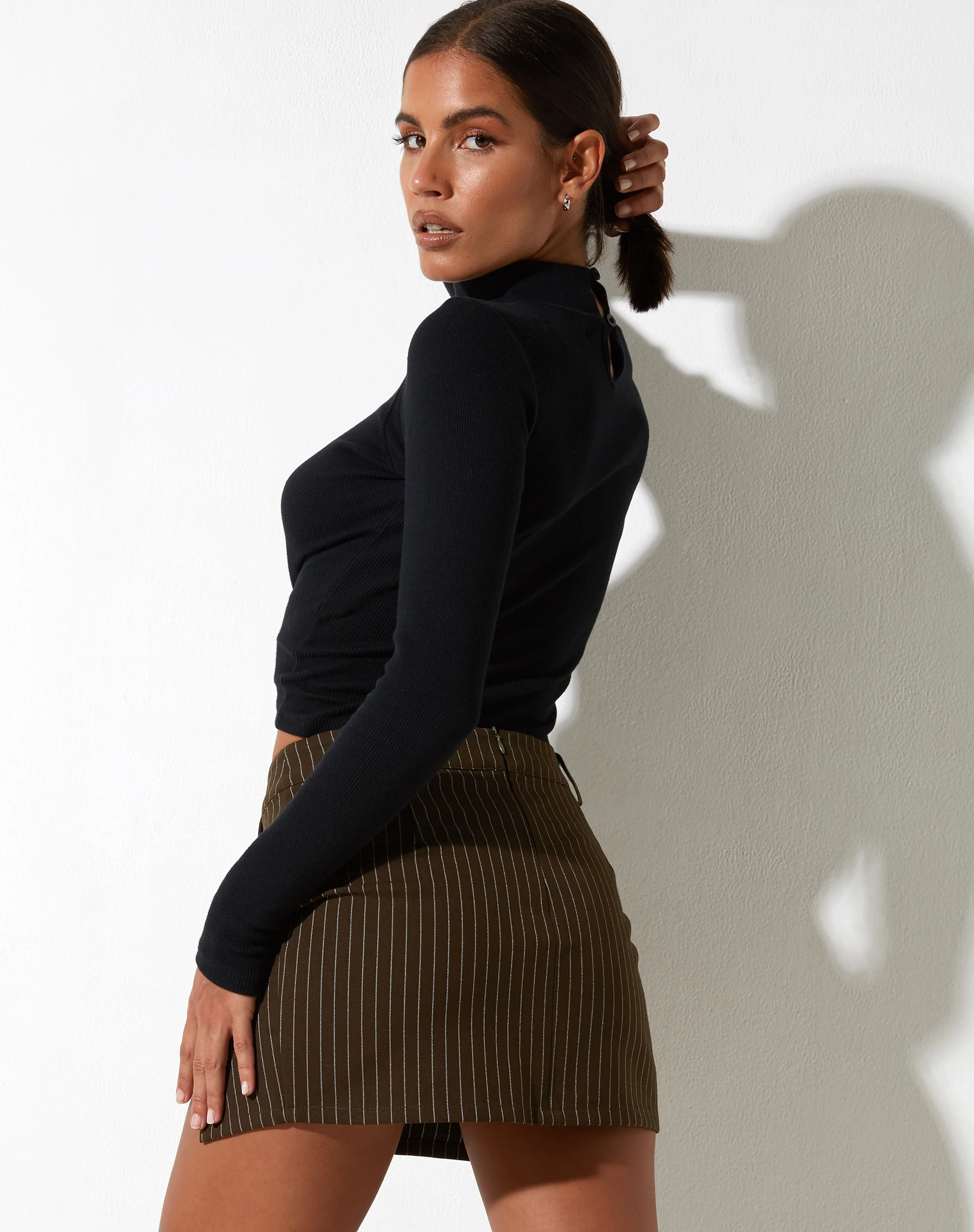 Pita Mini Skirt in Pinstripe Brown - Image 3