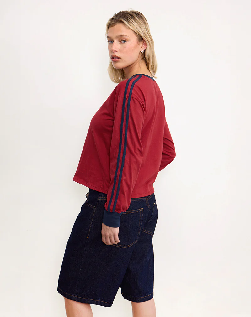 Prata Long Sleeve Top in Adrenaline Red with Navy Binding - Image 5