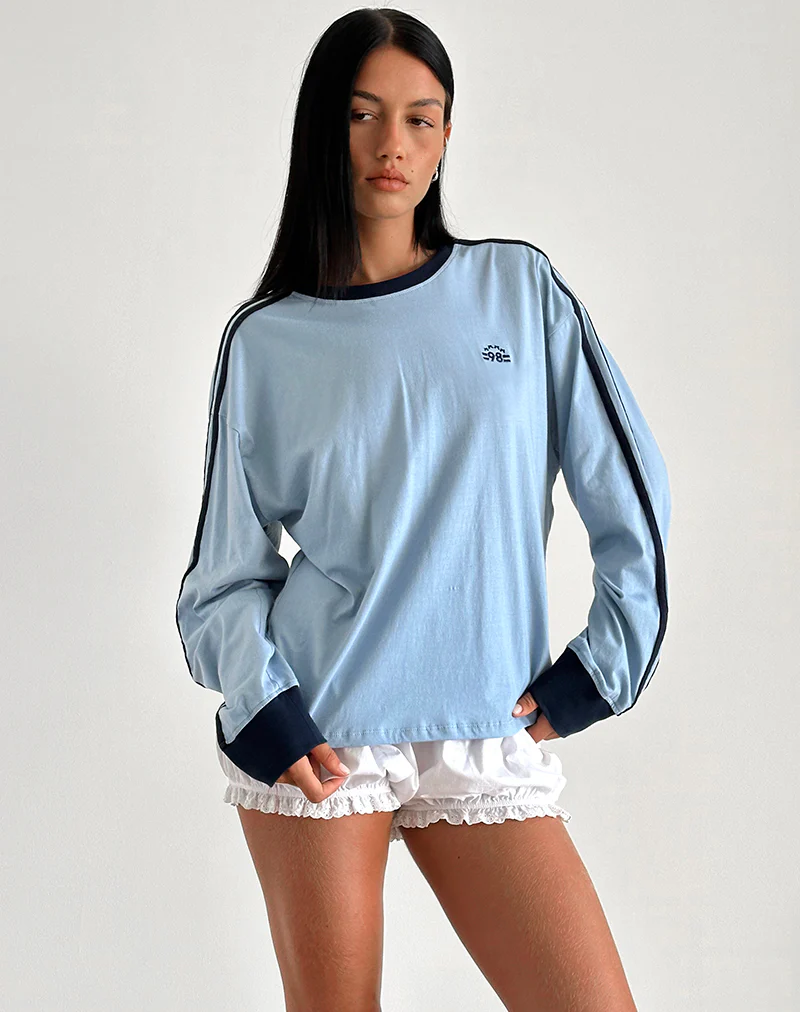 Prata Long Sleeve Top in Nantucket Blue with Navy Binding - Image 3