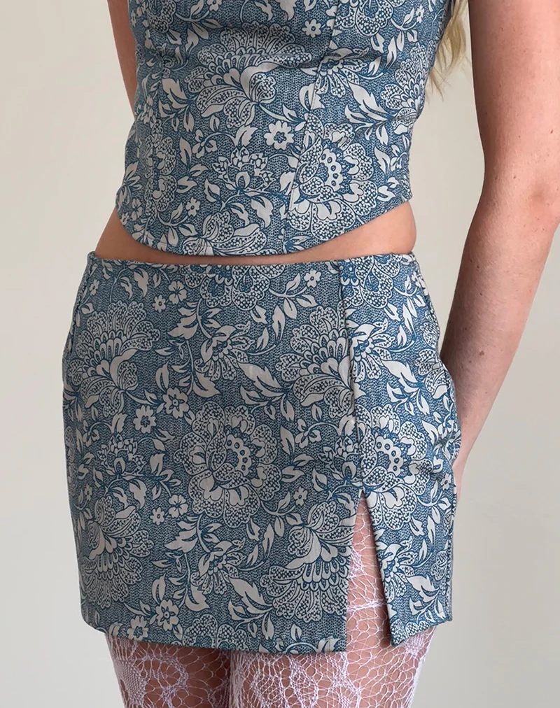 Pravara Mini Skirt in Blue Ornate Print - Image 2