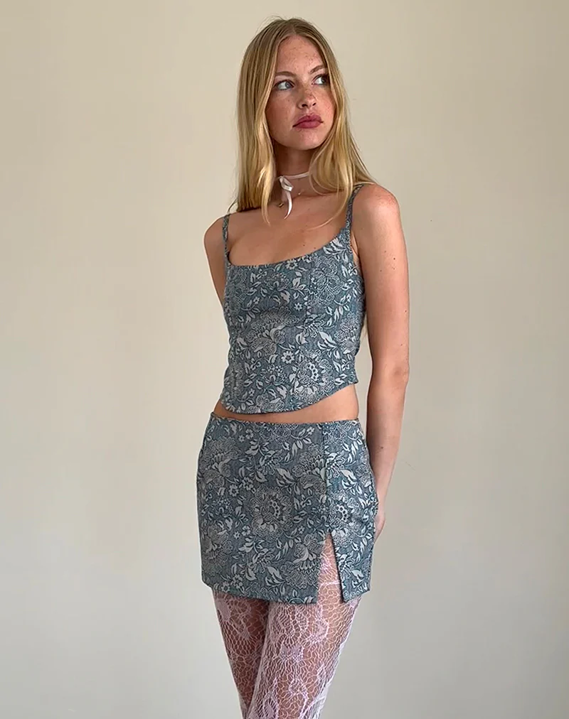 Pravara Mini Skirt in Blue Ornate Print - Image 4