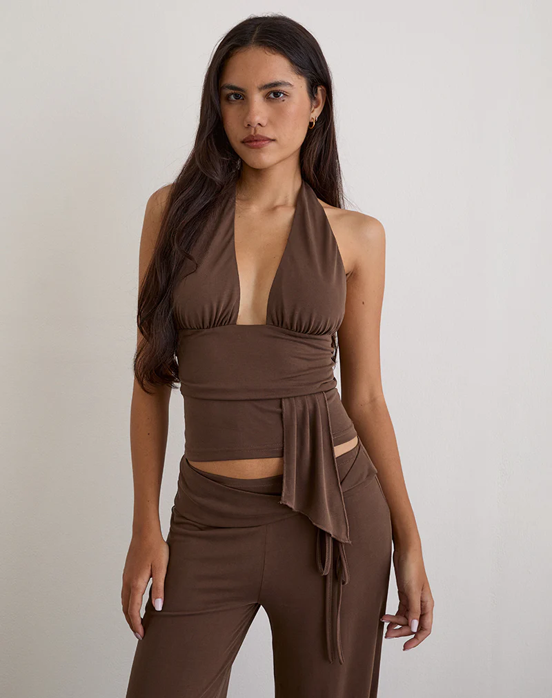 Prilla Halterneck Top in Cupro Dark Brown - Image 2