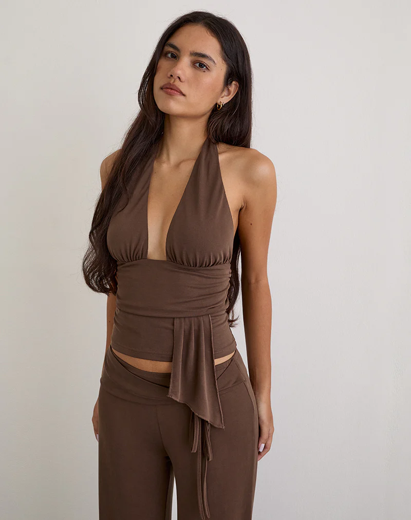 Prilla Halterneck Top in Cupro Dark Brown - Image 4