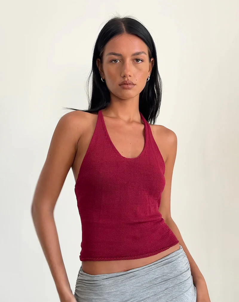 Priscilla Halter Top in Sheer Knit Red - Image 3