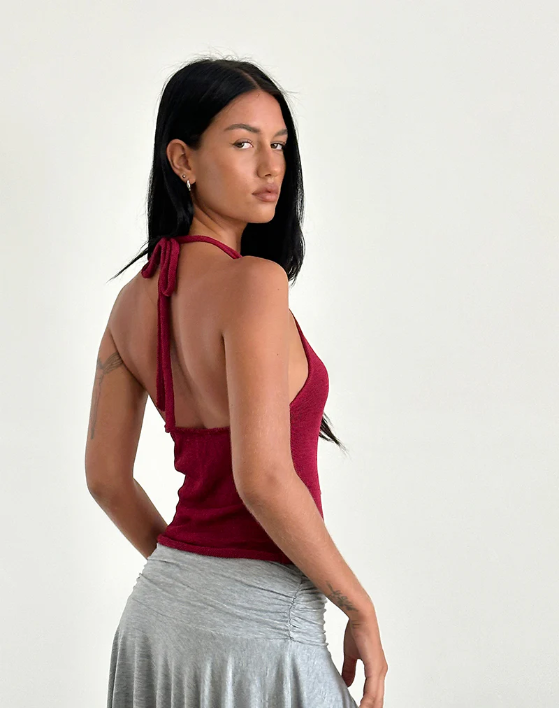 Priscilla Halter Top in Sheer Knit Red - Image 4