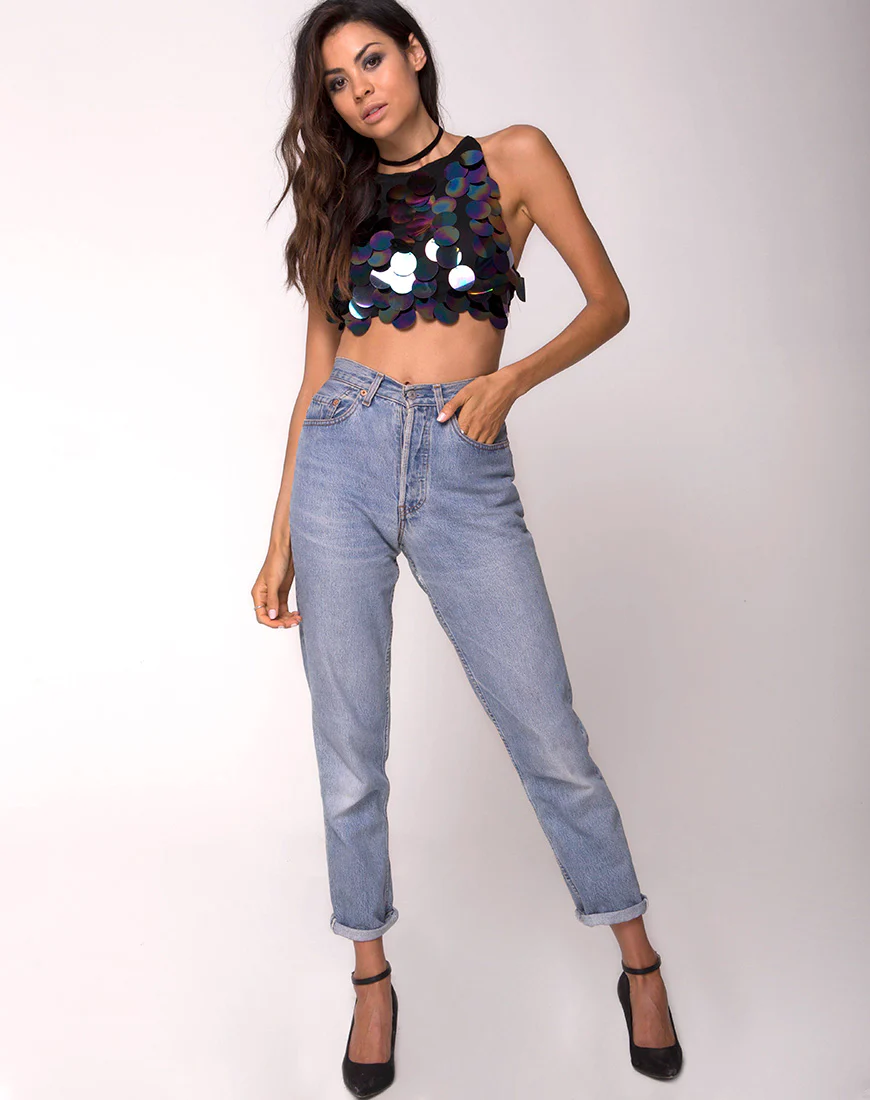 Queenz Crop Top in Big Disc Sequin Petrol - Image 3