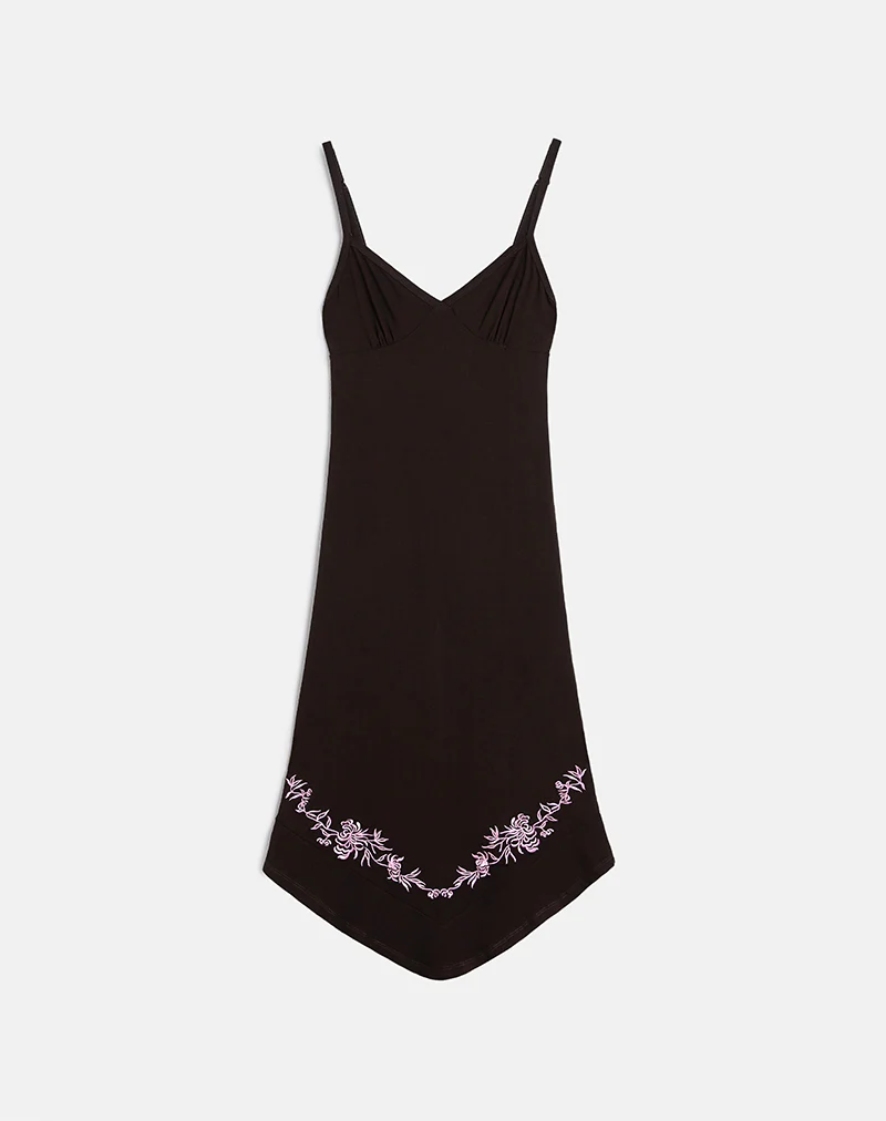 Quelin Midi Dress in Chocolate Brown with Rose Embroidery - Image 2