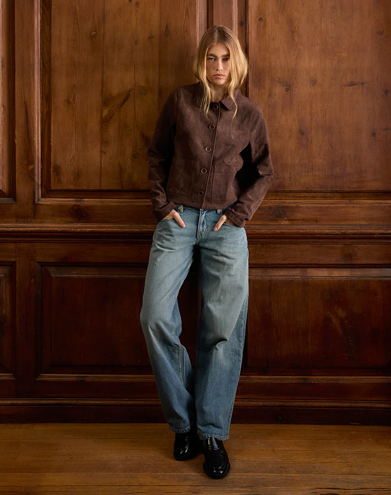 Quincy Faux Suede Cropped Jacket in Brown - Image 2