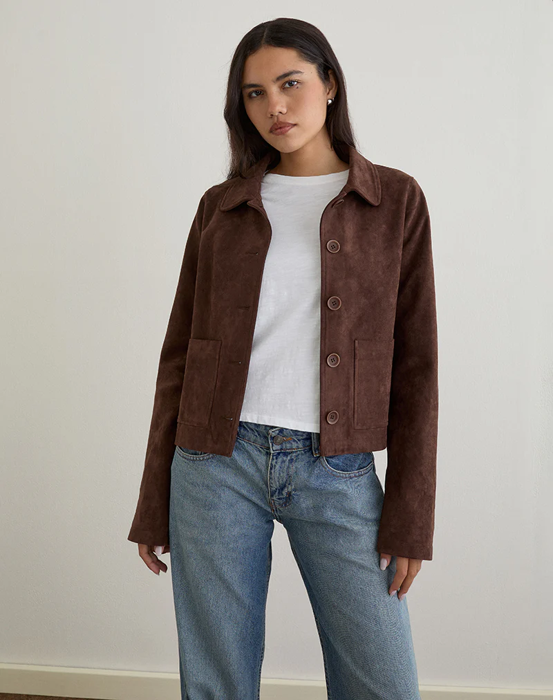 Quincy Faux Suede Cropped Jacket in Brown - Image 5