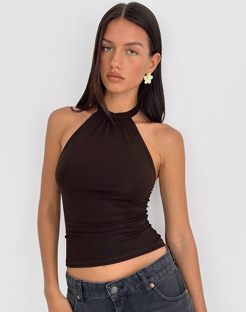 Raceline Halterneck Top in Rayon Jersey Chocolate Brown - Image 2