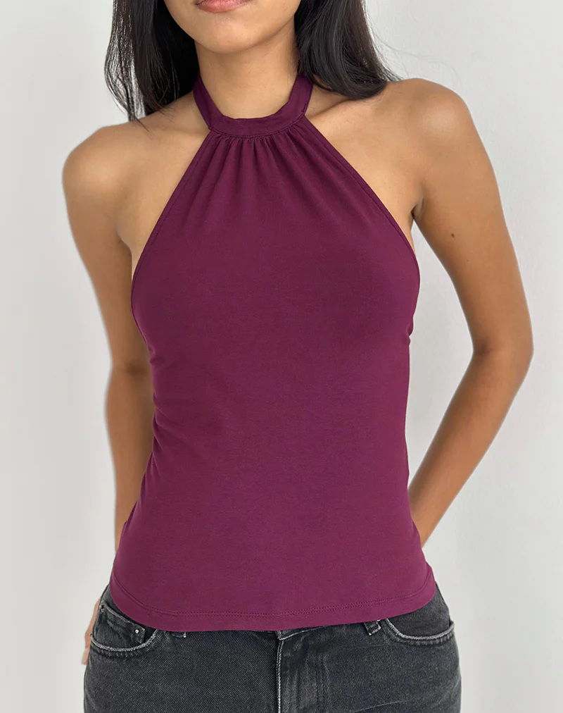 Raceline Halterneck Top in Rayon Jersey Deep Purple - Image 2