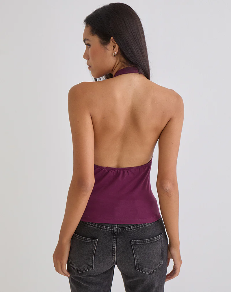 Raceline Halterneck Top in Rayon Jersey Deep Purple - Image 3