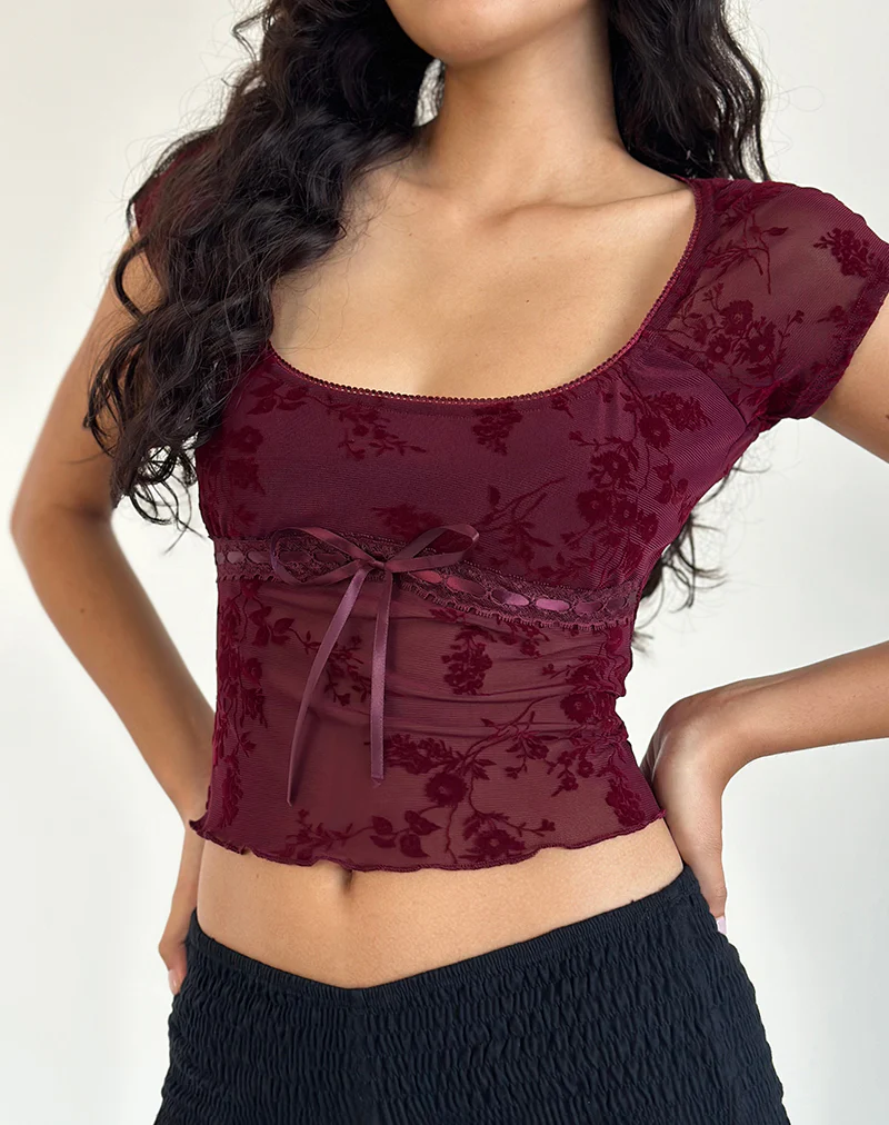 Rada Top in Botanical Flocked Maroon - Image 2