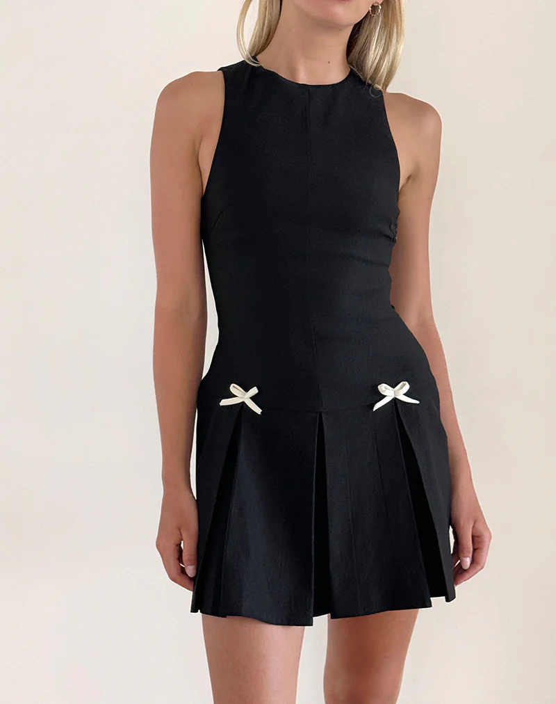 Radeta Mini Dress in Black with Ivory Bows - Image 2