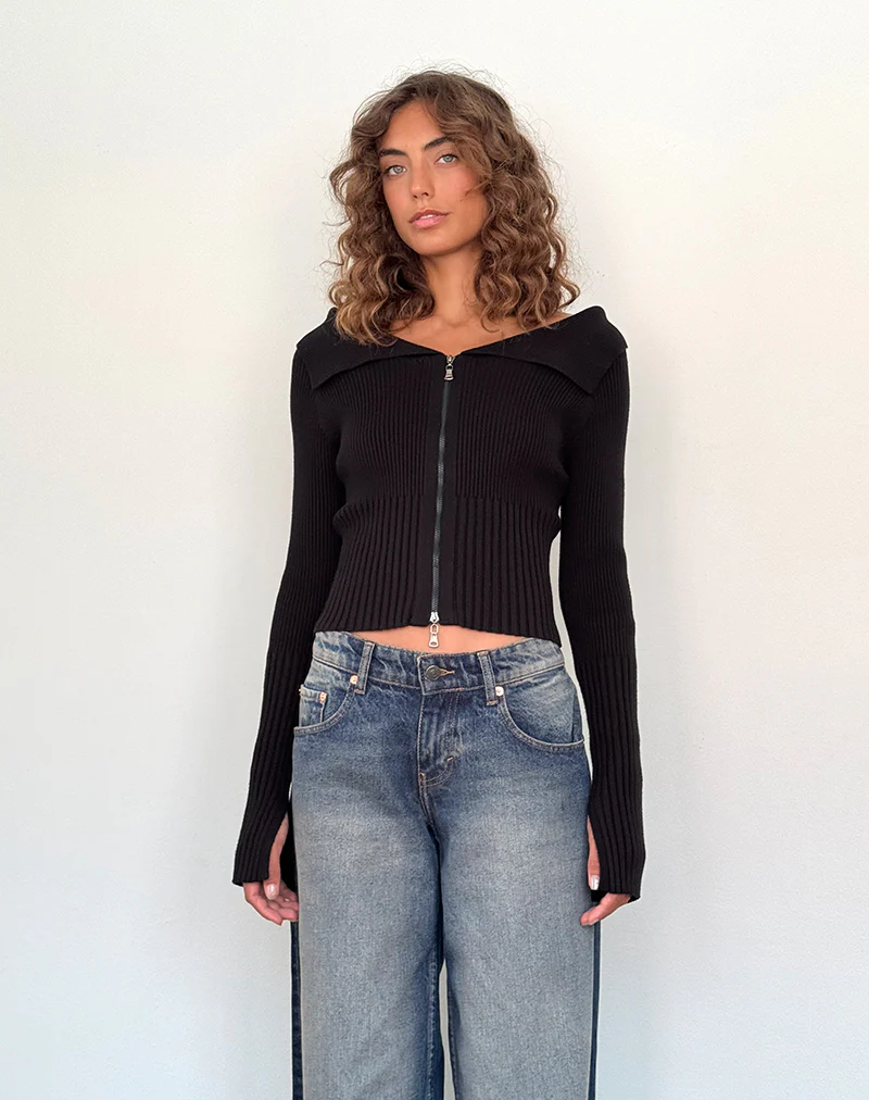 Radia Long Sleeve Off-Shoulder Zip Through Jumper in Black - Image 4
