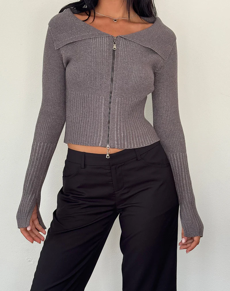 Radia Long Sleeve Off-Shoulder Zip Through Jumper in Dark Charcoal - Image 3