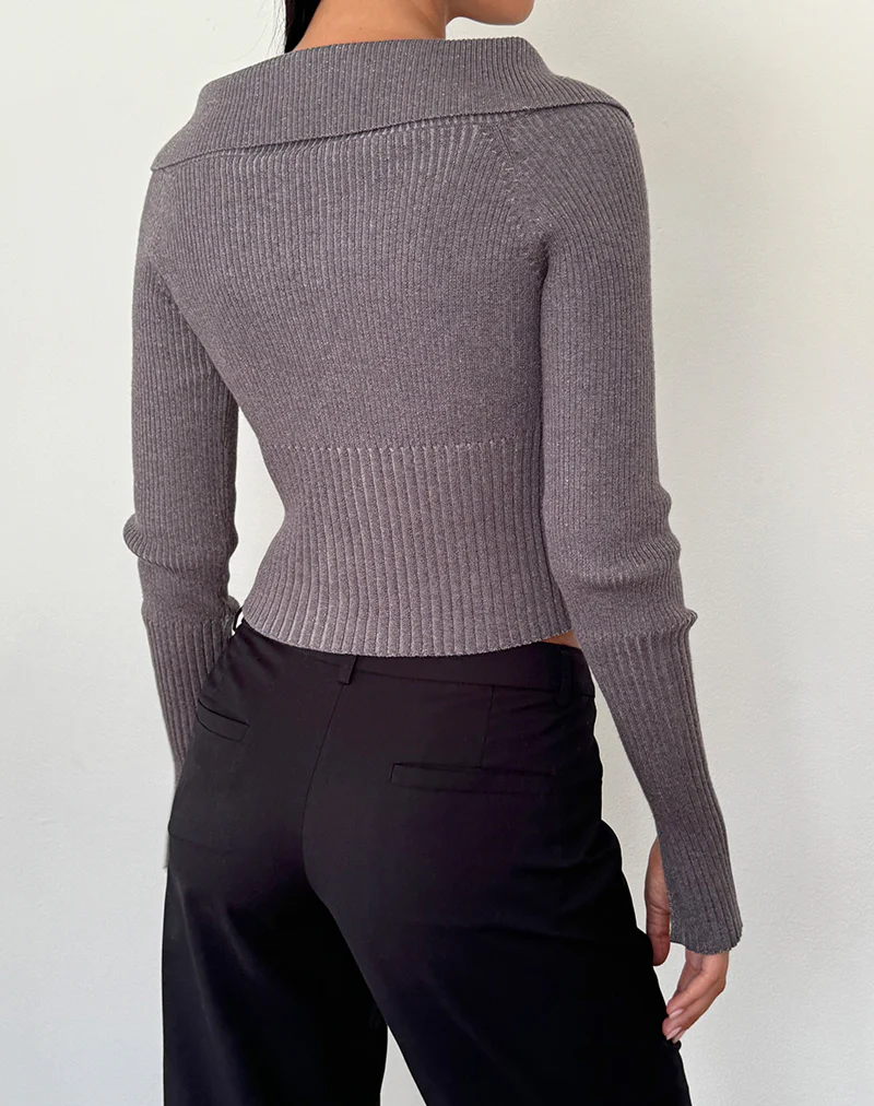Radia Long Sleeve Off-Shoulder Zip Through Jumper in Dark Charcoal - Image 4
