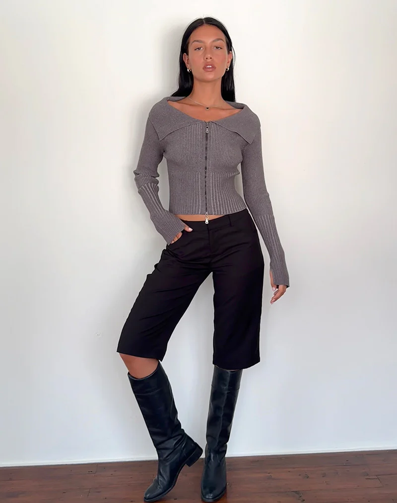 Radia Long Sleeve Off-Shoulder Zip Through Jumper in Dark Charcoal - Image 5