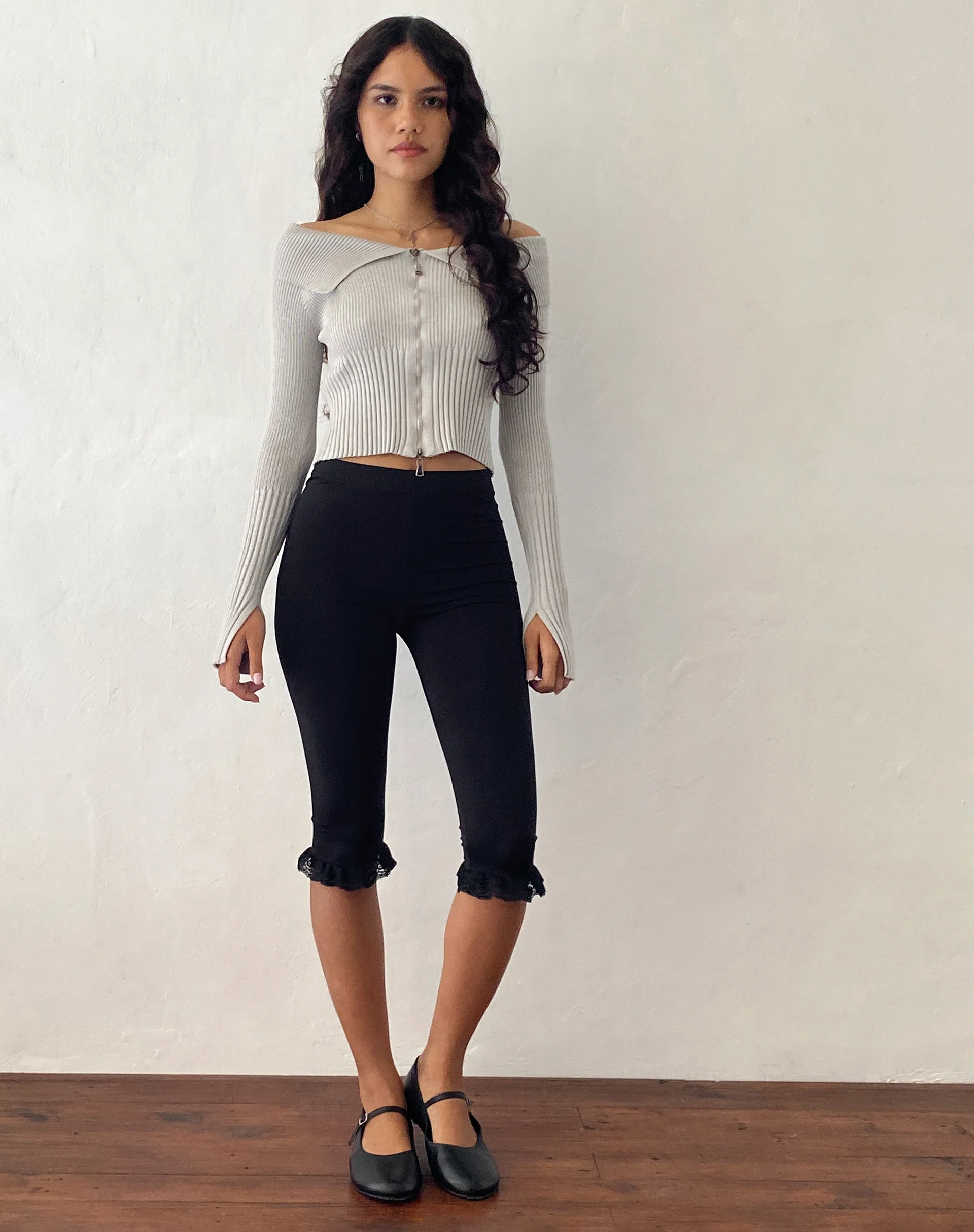 Radia Long Sleeve Off-Shoulder Zip Thru Jumper in Light Grey - Image 2