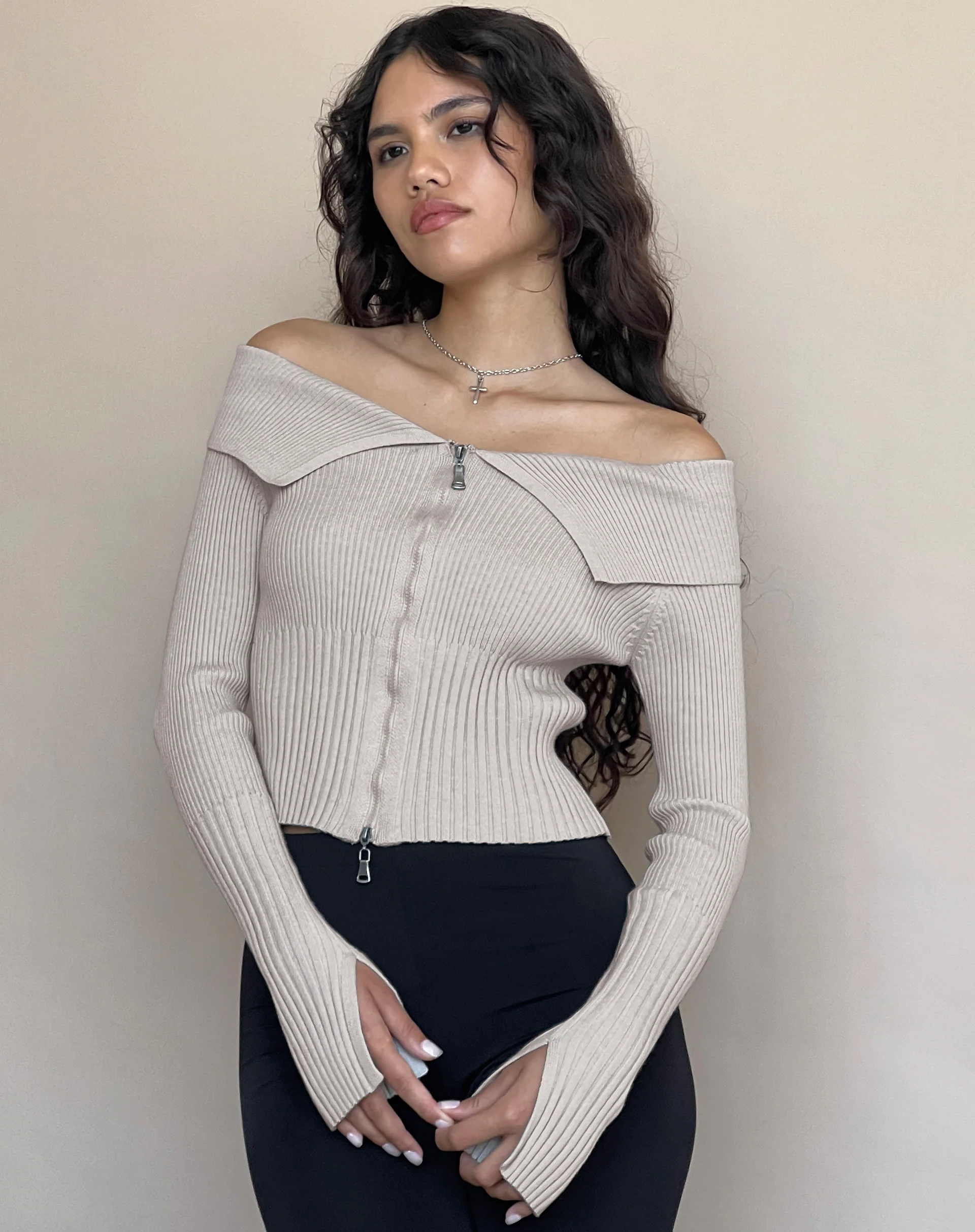 Radia Long Sleeve Off-Shoulder Zip Thru Jumper in Light Grey - Image 5