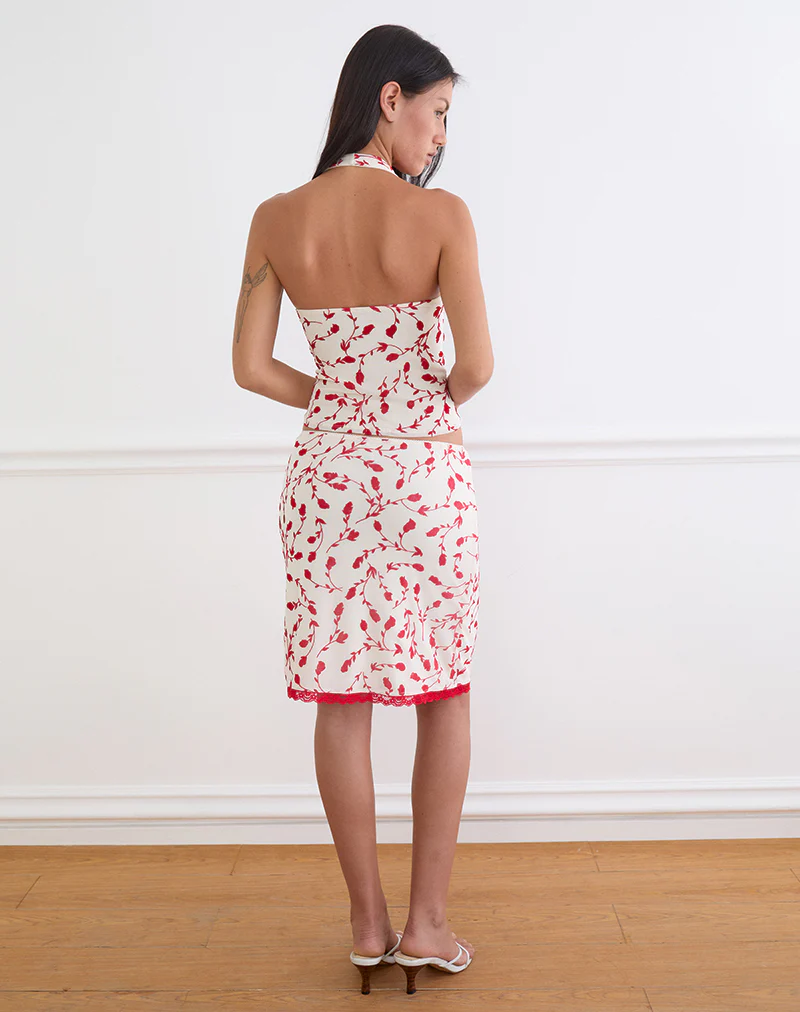 Radu Midi Skirt in Cream with Red Leafy Lily Flock - Image 4