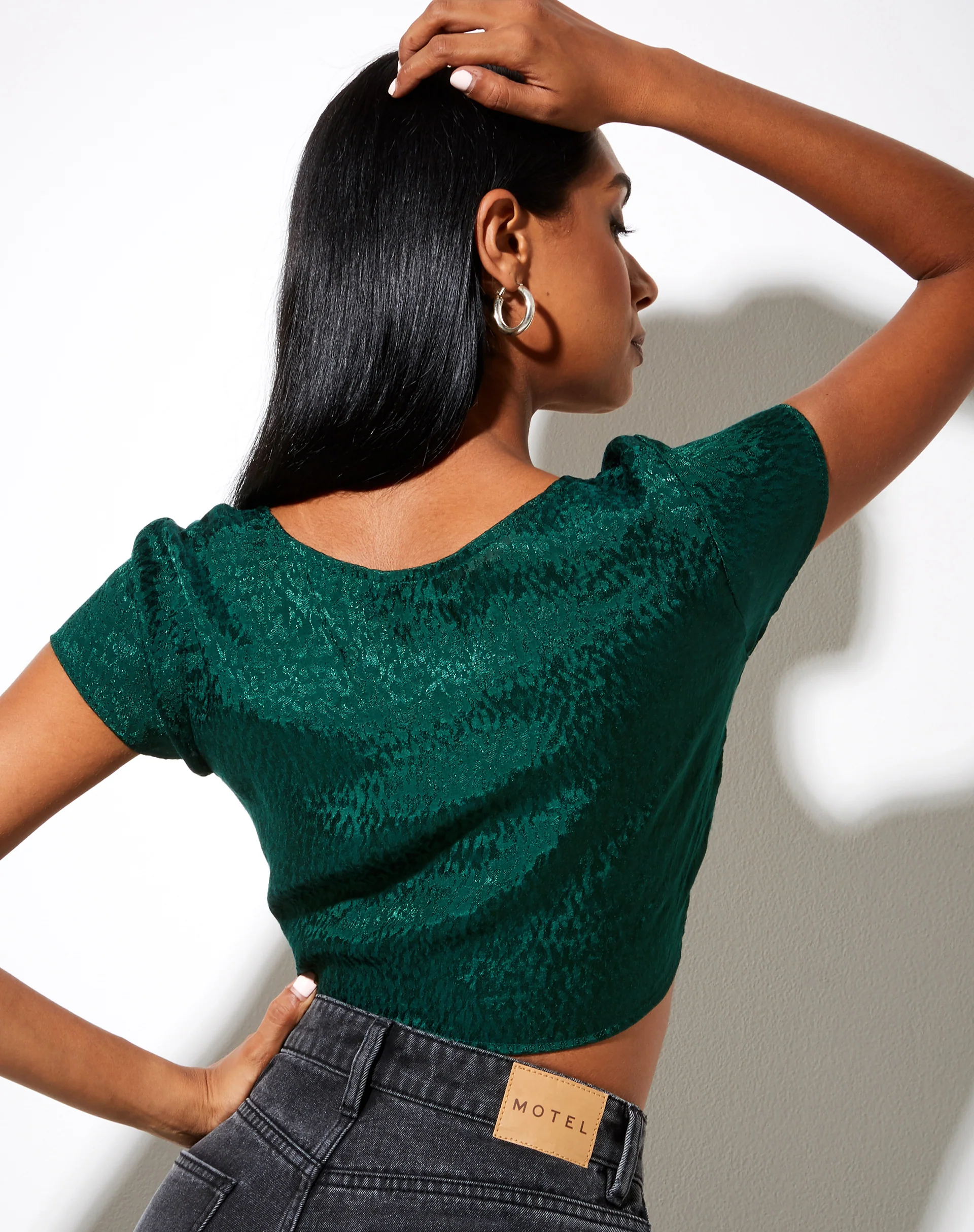Raeto Crop Top in Satin Cheetah Forest Green - Image 2