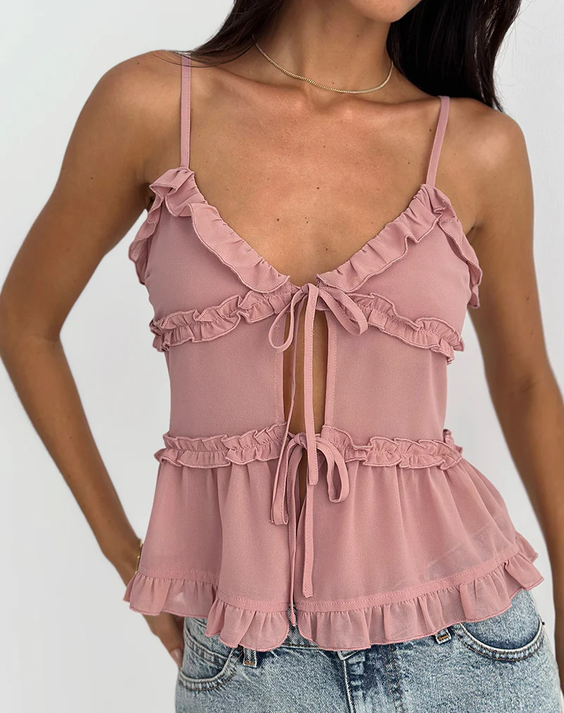 Raeya Tie Front Cami Top in Chiffon Pink - Image 2