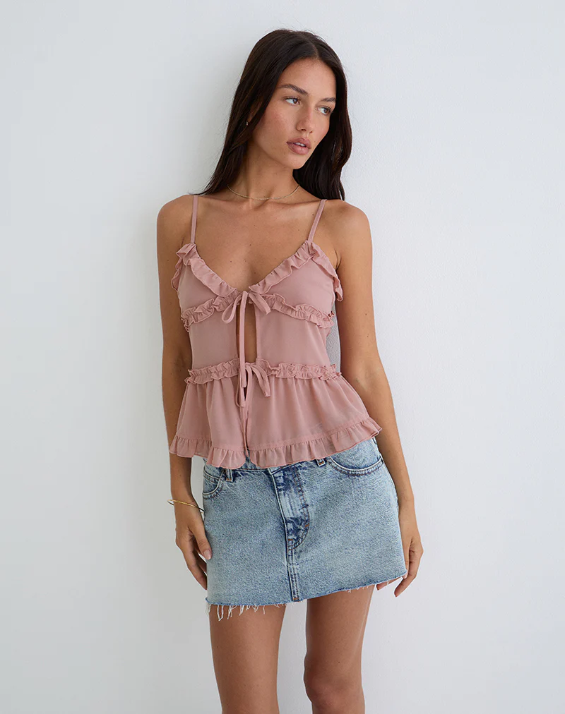 Raeya Tie Front Cami Top in Chiffon Pink - Image 3