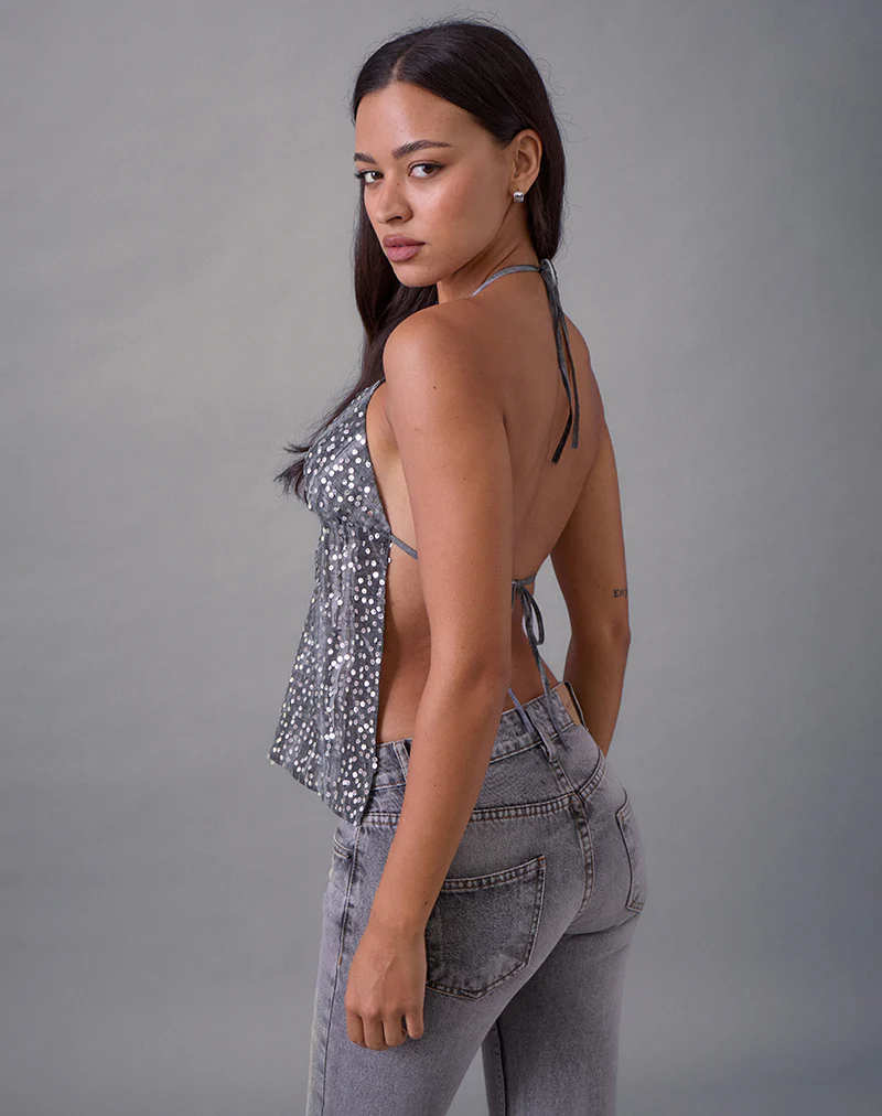 Rafina Halter Top in Chiffon Sequin Grey - Image 6