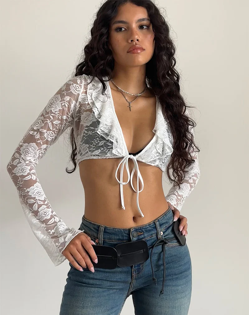 Raine Unlined Cardigan in Ivory Big Rose Lace - Image 3