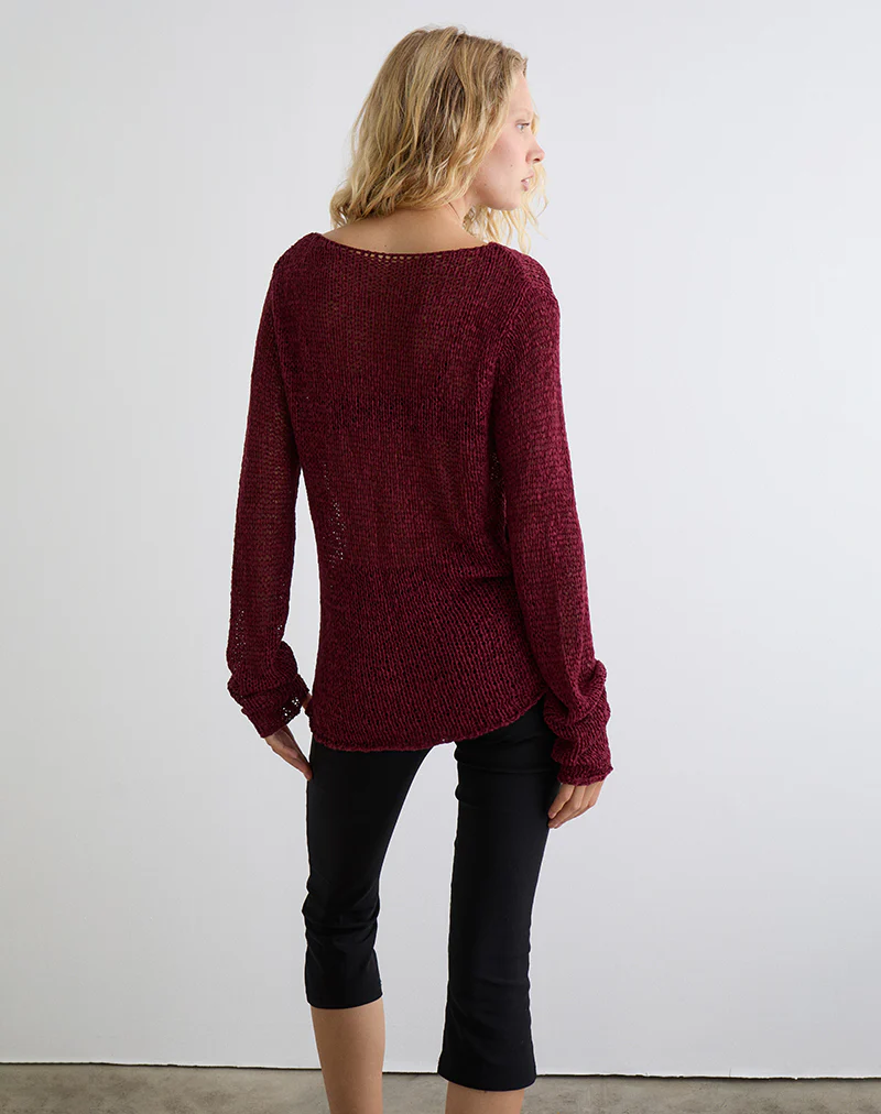 Rajiya Open Weave Jumper in Burgundy - Image 5